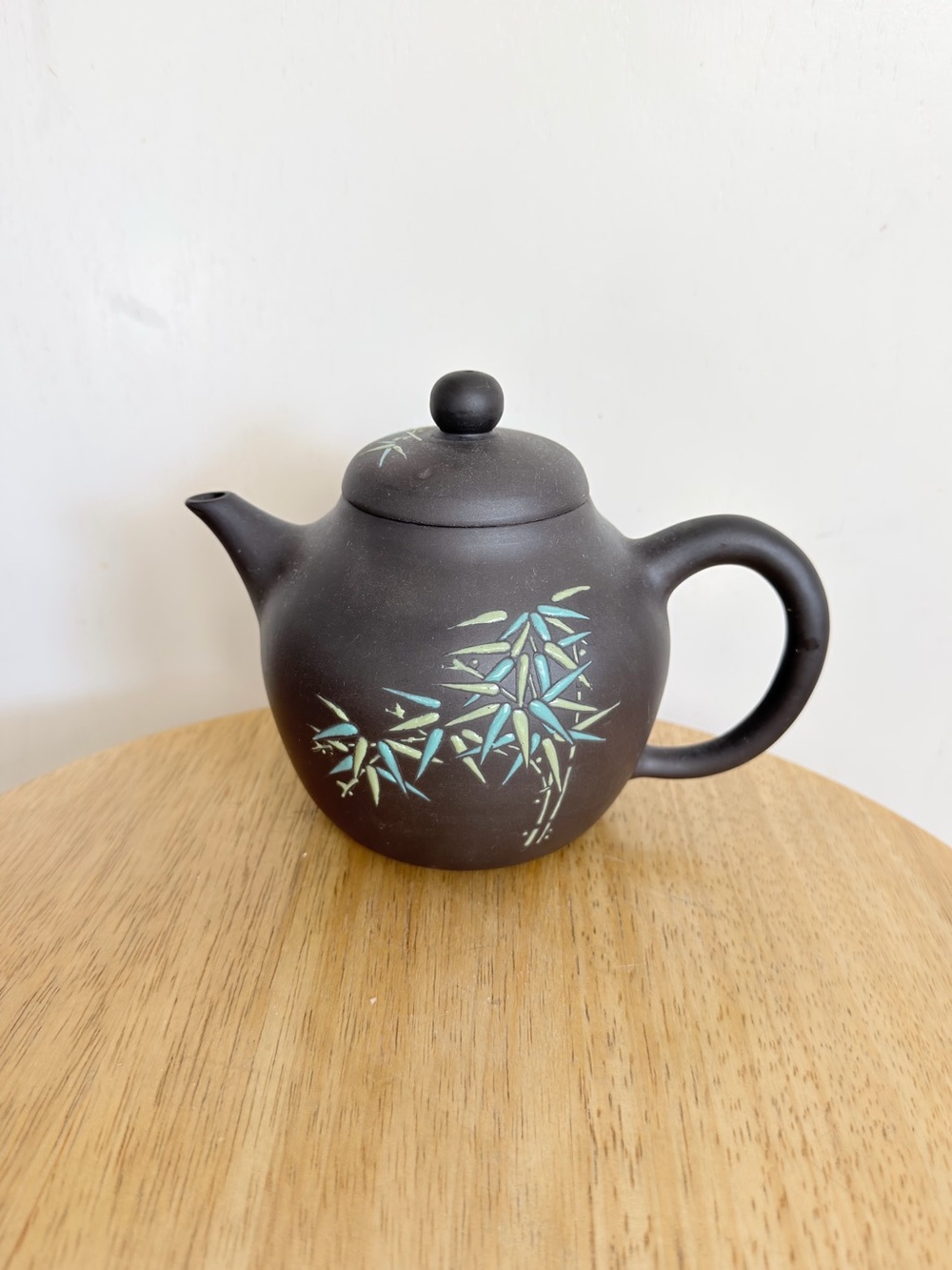 Hand-Painted Dark Brown Ceramic Teapot with Bamboo Motif